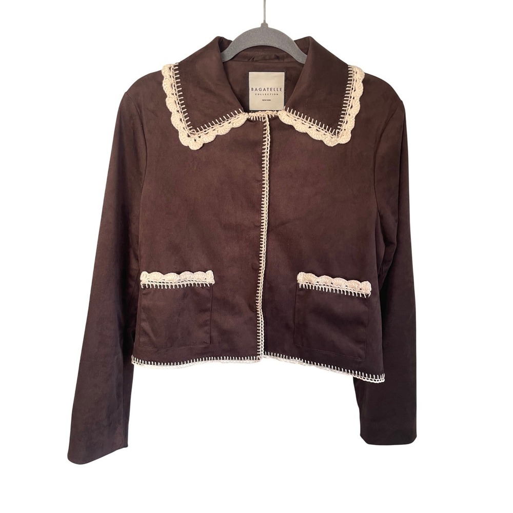 Bagatelle Collection‎ Brown Faux Suede Crochet Trim Western Jacket Womens Medium